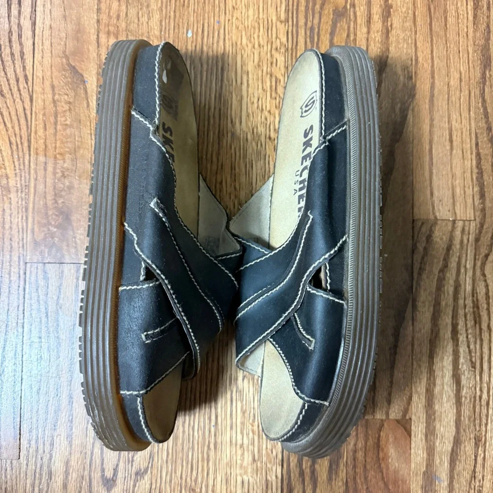 Skechers USA Vintage Mens 13 Grunge Y2K Chunky Leather Cross Strap Slide Sandals